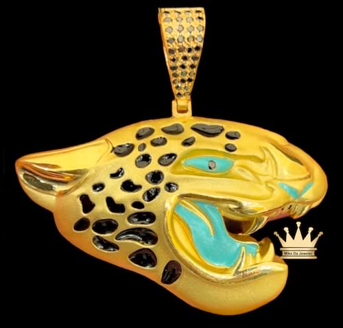 Solid 18k yellow gold custom made Jacksonville Jaguar mens charm with enamel and black diamonds grams 40 price $4500