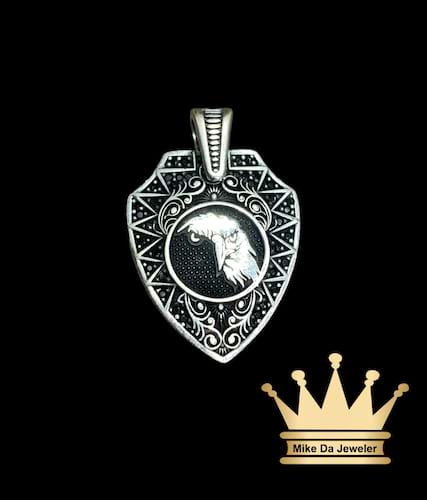 925 sterling silver solid handmade eagle pendant with black color and cubic zirconia price $175 dollars weight 6.48 grams 1 inches
