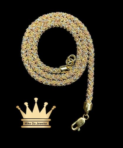 18k tricolor handmade popcorn chain  2700weight 25.54 gram 20inches 4 mm