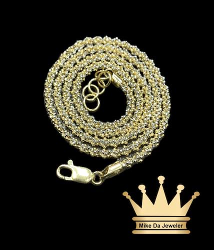 18k solid two tone popcorn chain price $1665 usd weight 15.17 gram 20 inches 2 mm available stock in 2,3,4,5,,6 mm tricolor and white and yellow gold