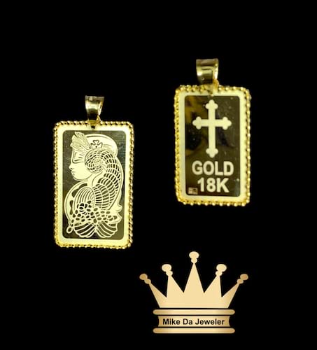 18k light weight 3d gold bar pendant border beads with diamond cut price $175 dollars weight 1.22 grams size0.75 inches by 15mm