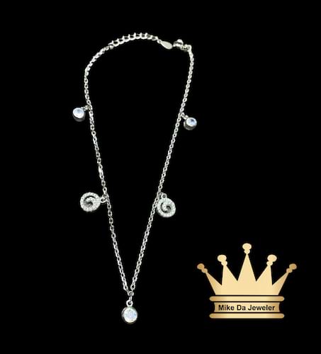 925 sterling silver solid handmade female dangling anklet dipped in white gold with cubic zirconia stone price $150 dollars weight 5.03 grams 10.5 inches