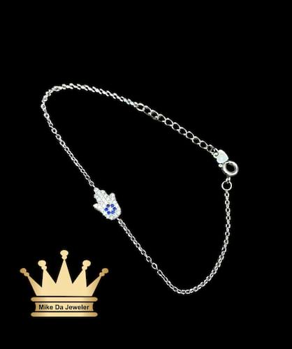 925 sterling silver handmade female Hamsa bracelet with cubic zirconia stone dipped in white gold price $150 dollar weight 1.9 grams 7.5 inches