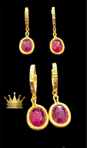 18k solid gold earring with real ruby stone price $1450 dollars weight 6.5 grams size 1.25 inch and 11 mm wide