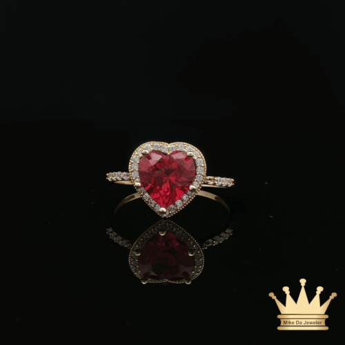 14K Yellow Gold Heart Ring with Red & White Cubic Zirconia Halo