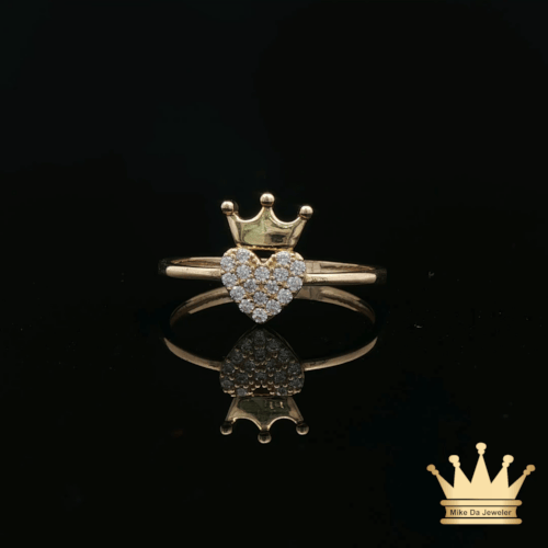 14K Yellow Gold Crown Heart Ring with Cubic Zirconia