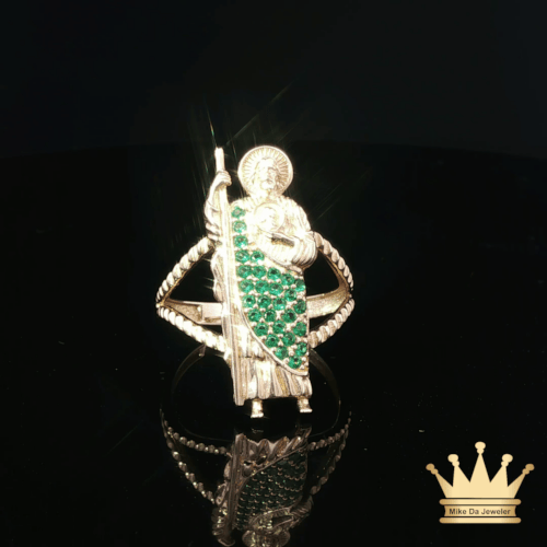 14K Gold Saint Jude Ring with Green C.Z