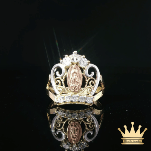 14K Tri-Color Gold Crown Saint Mary Ring with Cubic Zirconia