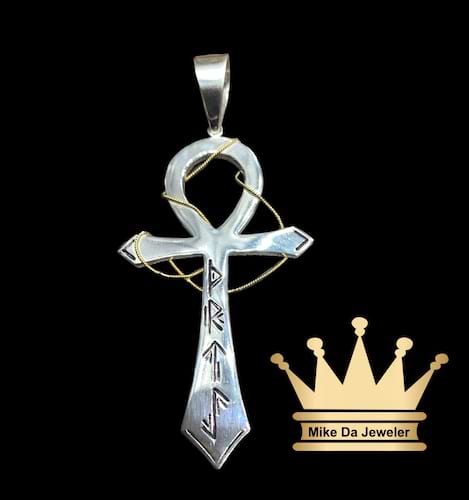 925 sterling silver solid handmade customized Ankh cross with 18k gold chain rapping on it price $650 dollars weight 27.36 grams size 3 inches