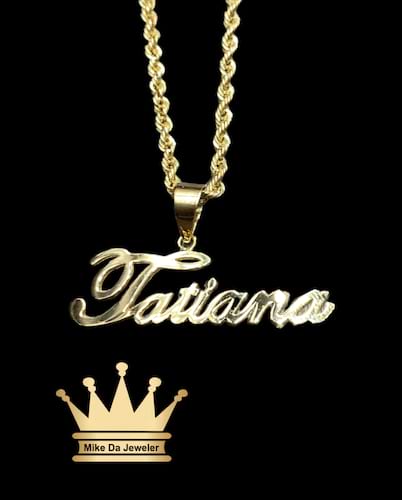 18K handmade customized cutout name pendant price 350 dollars with hollow rope chain $650 dollars weight 5.8 grams 16 inches chain 1.5 inches pendant