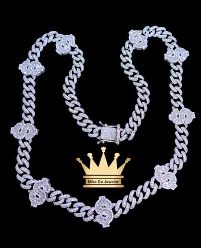 925 sterling silver solid handmade Miami Cuban link chain with dollars sings dipped in white gold with cubic zirconia stone on it price $1675 usd weight 76.21 grams 22 inches 9 mm