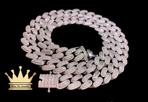 925 sterling silver solid handmade Miami Cuban link chain with cubic zirconia stone dipped in white gold price $2900 usd weight 154.93 grams  22 inches 13.3mm