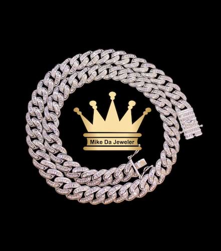 925 sterling silver solid handmade Miami Cuban link chain with cubic zirconia stone dipped in white gold price $2350 usd weight 118.44 grams 22 inches 12 mm
