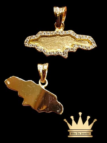 18K Hand Made Jamaican Map Pendant with CZ Stone