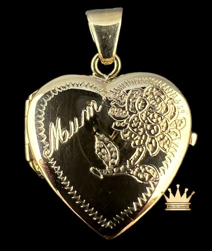18k yellow gold locket heart pendant with mom/ flower deep engraved size 1 inch grams 5.55 price $750