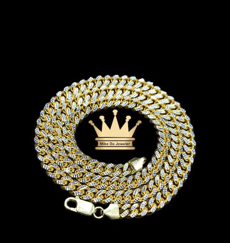 925 sterling silver solid handmade Miami Cuban link chain dipped in yellow and white gold one side Diamond cut one side polish work price $795 dollars weight 53.02 grams 22 inches 6mm
