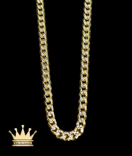 925 sterling silver solid handmade Miami Cuban Link Chain dipped in yellow and white gold one side diamond cut one side polish price $535 dollars weight 29.94 grams 22 inches 4.5 mm