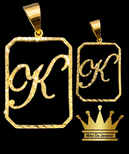 18 karat gold cutout letter charm diamond cut size2.00inch weight3.520 price $400.00