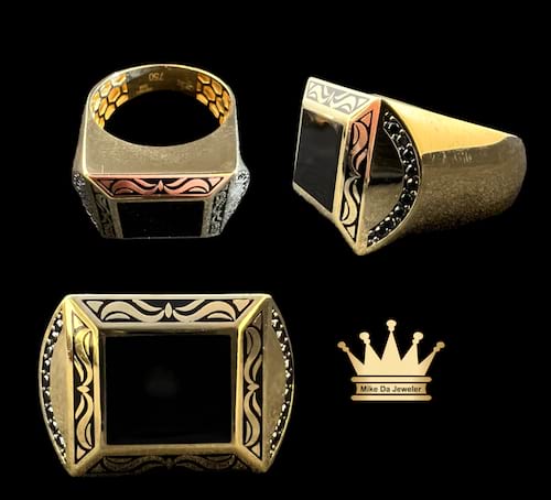 18k yellow gold men’s ring with black color enamel and black stones grams 12.27 price $1400