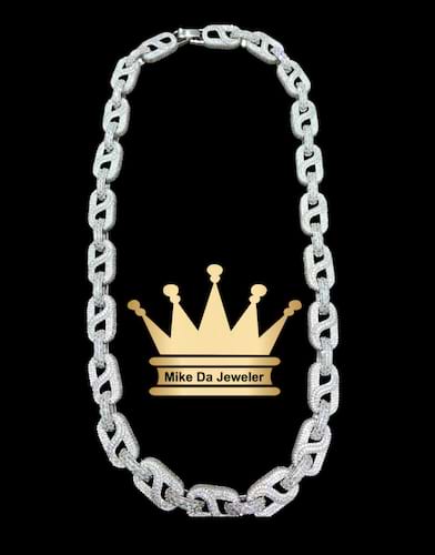 925 sterling silver solid handmade Gucci link chain dipped in white gold with cubic zirconia stone price $1830 usd weight 91.61 grams 22 inches 12.5 mm