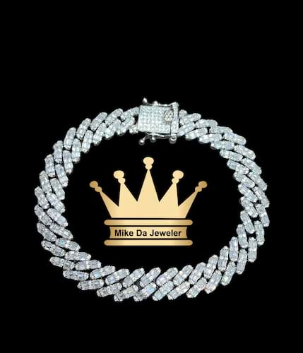 925 sterling silver solid handmade Miami Cuban link bracelet with cubic zirconia stone dipped in white gold price $745 dollars weight 37.12 grams 8.5 inches 10mm