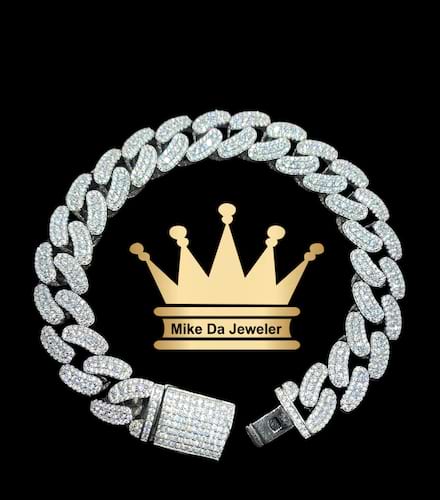 925 sterling silver solid handmade Miami Cuban link bracelet with cubic zirconia stone dipped in white gold price $1100 dollars weight 55.1grams 8.5 inches 11 mm
