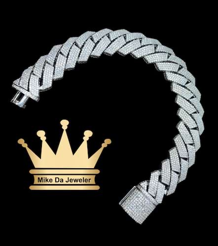 925 sterling silver semi solid Miami Cuban link bracelet with cubic zirconia stone dipped in white gold bracelet price $955 dollars weight 47.76 grams 9 inches 18 mm