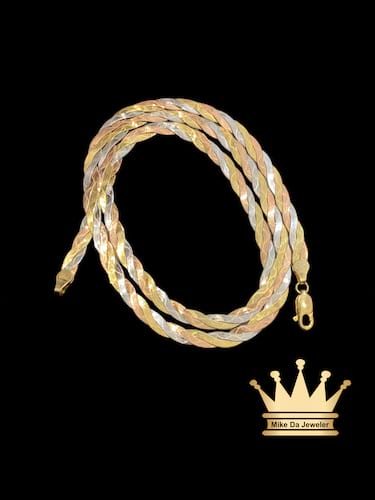 18 karat Tricolor Gold Twisted Herringbone Chain 5mm wide 21.75 inch longer and weight 12.370 gram