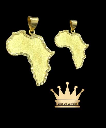 18k customized handmade Africa map pendant price $380 usd weight 3.1 gram size 1.25 inches , brush work inside border diamond available stock or can order any size any thickness