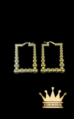 18K Gold Beads Hoops Earrings Rectangular Shape Design 8.07 grams 