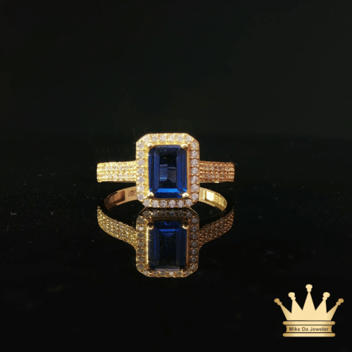 18K Gold Ring with Blue & White C.Z – Emerald Cut Statement Ring