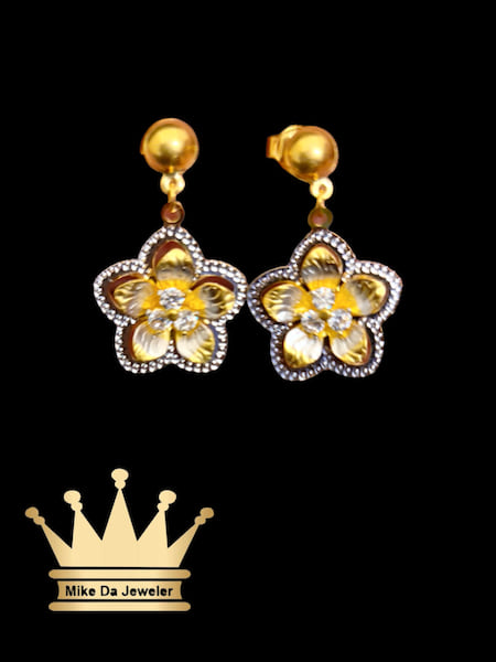 22K White and Yellow Gold Flower Earrings with CZ Stone