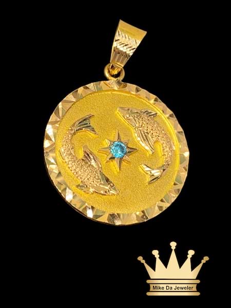 Custom Made 18K Gold Circle Charm with March Zodiac Symbol