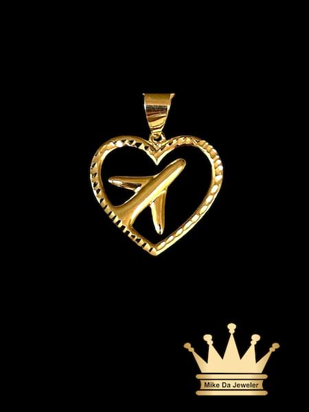 18K Gold Airplane with Heart Charm