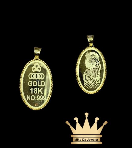 18K Gold 3D Bar Pendant with Border Beads
