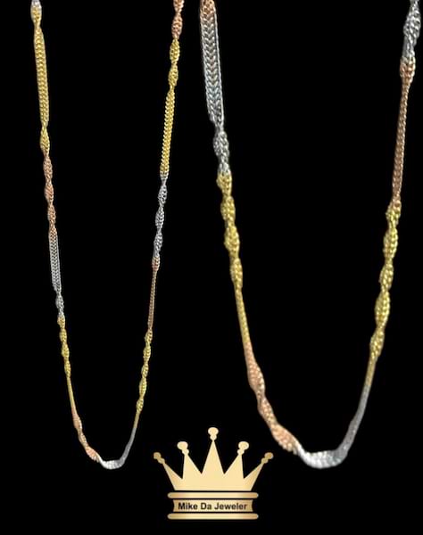 18k tricolor chain  weight 2.91 gram length 20 inches available stock 18inch, 20 inch, 22 inch