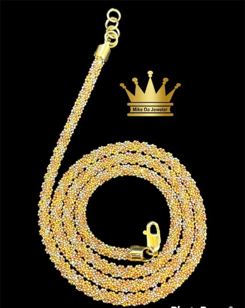 18k solid try colour gold handmade popcorn chain   weight 30.920 grams 24inches 3.4mm