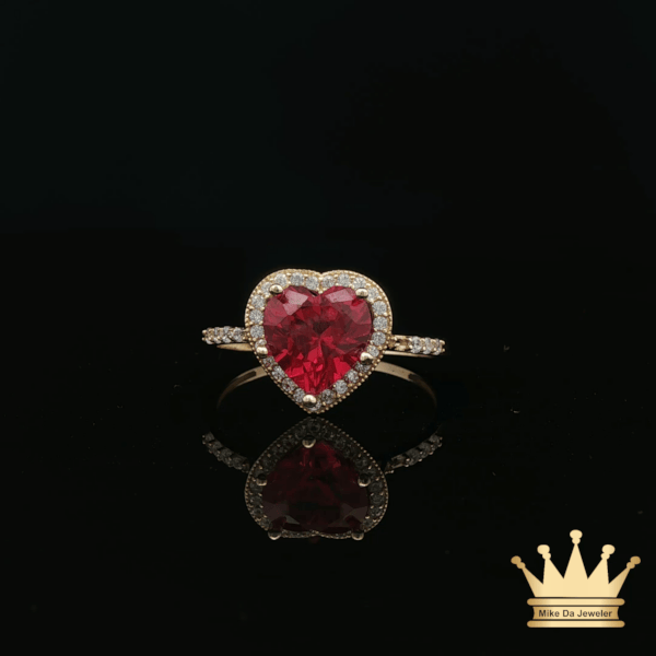 14K Yellow Gold Heart Ring with Red & White Cubic Zirconia Halo