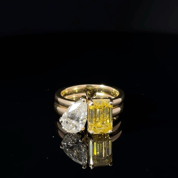 Yellow Gold Two-Stone Ring with Fancy Yellow Emerald Cut Diamond and Pear Quartz
