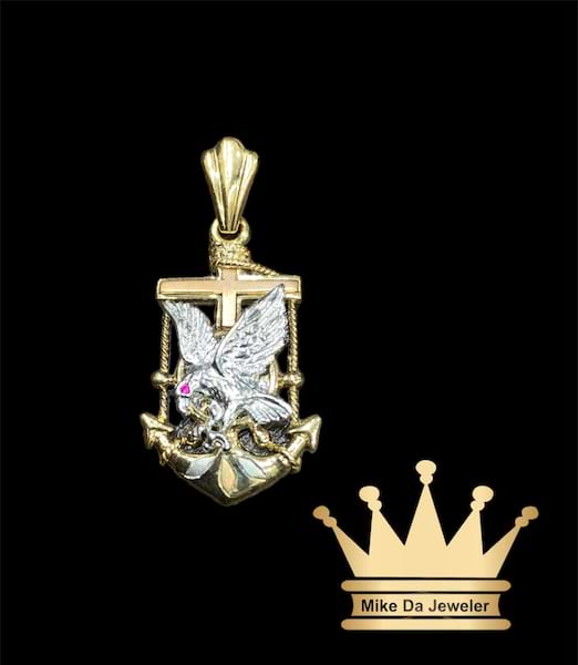 18K Solid Two Tone 3D Anchor Pendant with White Gold Eagle