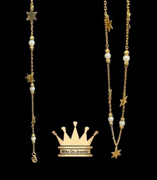 18K Handmade Anklet with Dangling Star and Pearls