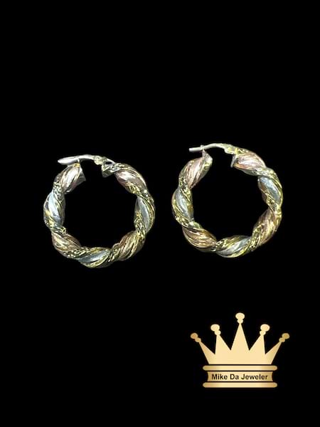 18K Tri-Color Gold Twisted Hoops Earrings