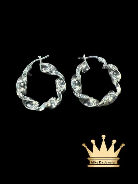 18K White Gold Beads Twist Hoop Design Earrings