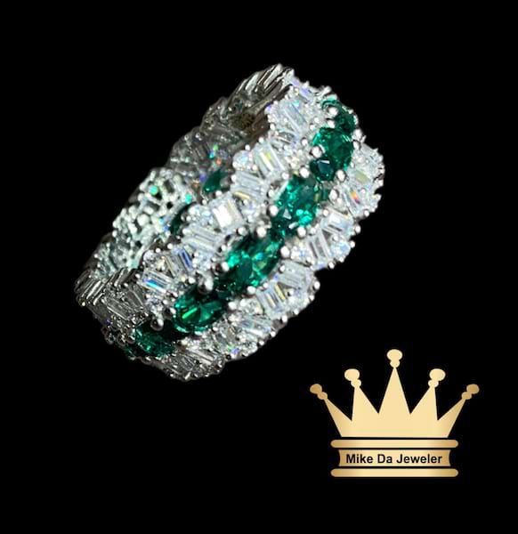 18K White Gold Band with Synthetic Emerald & Cubic Zirconia