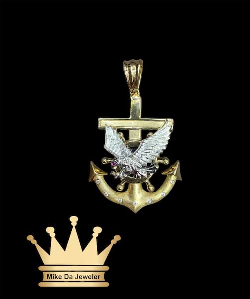 18K Two-Tone Solid Handmade Anchor Pendant with Eagle