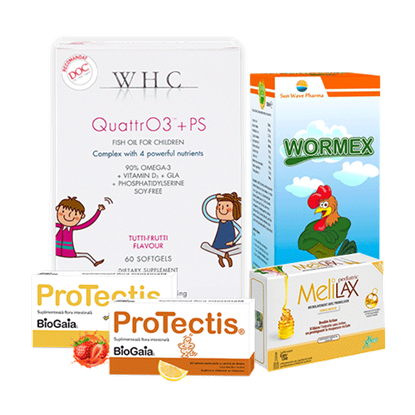 Imagine Pachet ProTectis, supliment alimentar probiotic, lămâie + WHC-QUATTR03+PS + Microclisme MeliLax Pediatric, soluție inovatoare împotriva constipației + Wormex