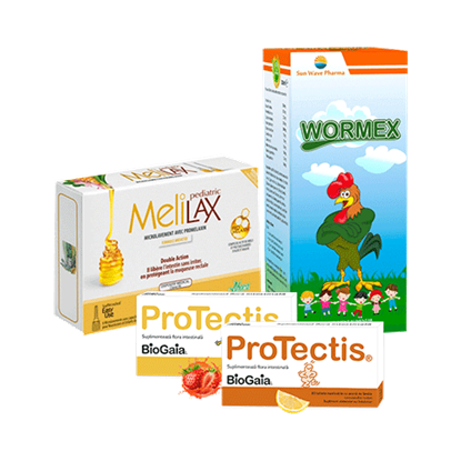 Imagine Pachet ProTectis, supliment alimentar probiotic, căpșuni + Microclisme MeliLax Pediatric, soluție inovatoare împotriva constipației + Wormex