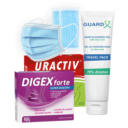Immagine di Lotto Digex Forte Super Digestiv + Uractiv® + GUARD X Duo Travel Pack Gel de curățare maini + Set 50 măști medicale de unică folosință, 3 straturi, 3 pliuri
