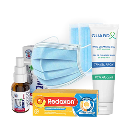 Imagine Pachet GUARD X Uno Travel Pack, Gel de curățare maini + REDOXON Triple Action + Quixx Protect + Set 50 măști medicale de unică folosință, 3 straturi, 3 pliuri