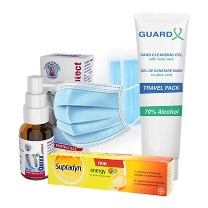 Immagine di Lotto GUARD X Uno Travel Pack, Gel de curățare maini + Quixx Protect + Supradyn energy Efervescent + Set 50 măști medicale de unică folosință, 3 straturi, 3 pliuri